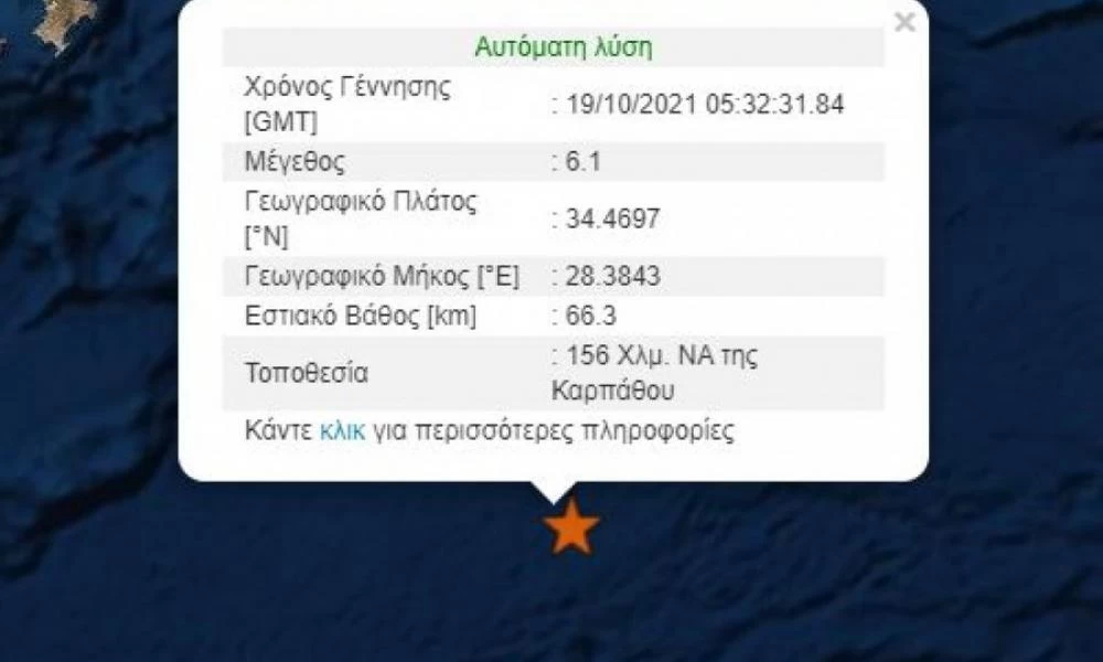 Πολύ ισχυρή σεισμική δόνηση 6,1 Ρίχτερ ανοιχτά της Καρπάθου